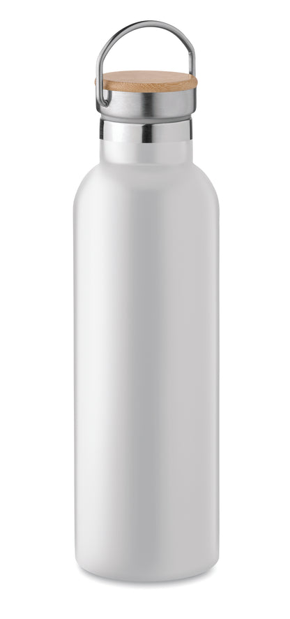 Doppelwandige Isolierflasche aus Edelstahl mit Bambusdeckel und Henkel. Füllmenge: 750 ml. Auslaufsicher.
