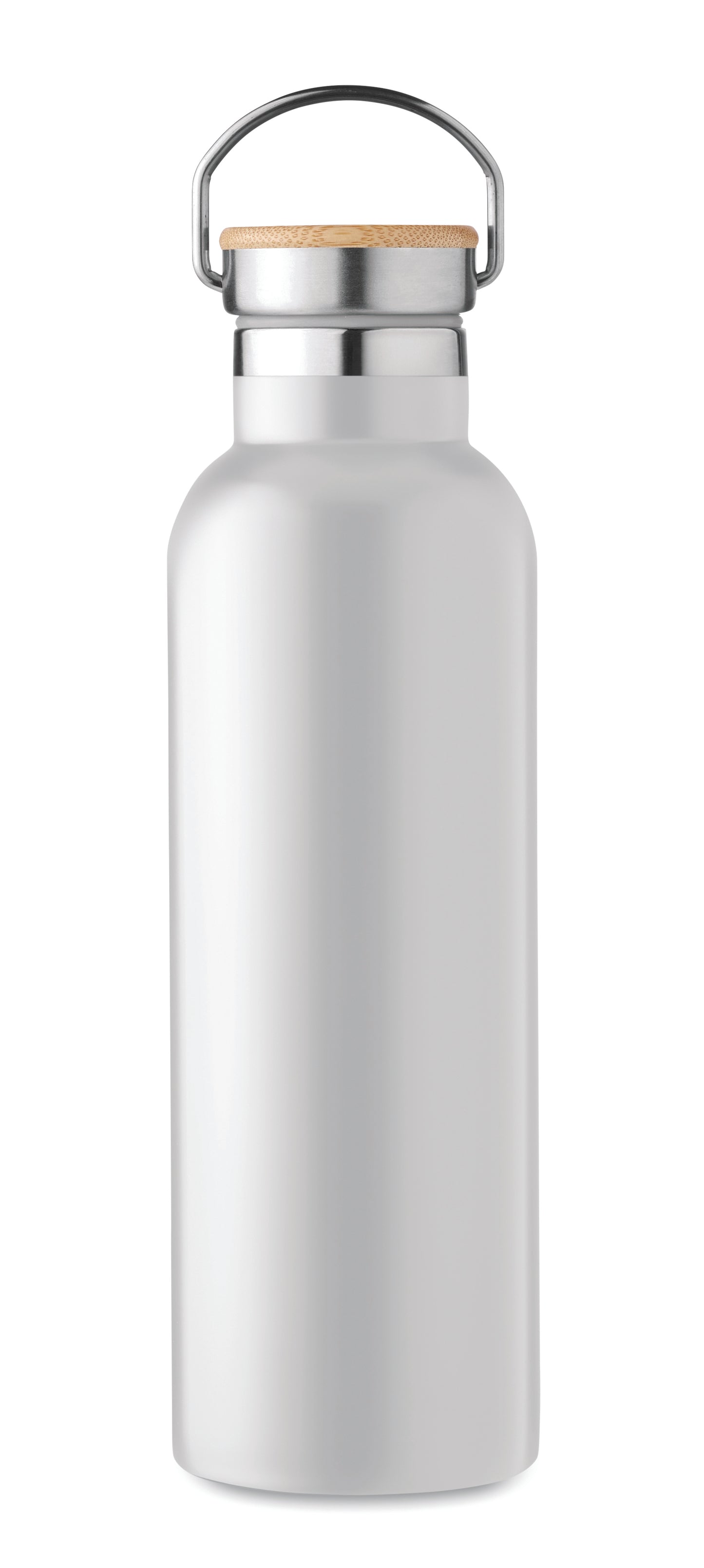 Doppelwandige Isolierflasche aus Edelstahl mit Bambusdeckel und Henkel. Füllmenge: 750 ml. Auslaufsicher.