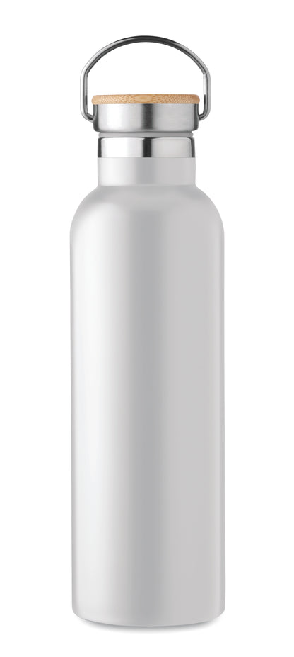 Doppelwandige Isolierflasche aus Edelstahl mit Bambusdeckel und Henkel. Füllmenge: 750 ml. Auslaufsicher.