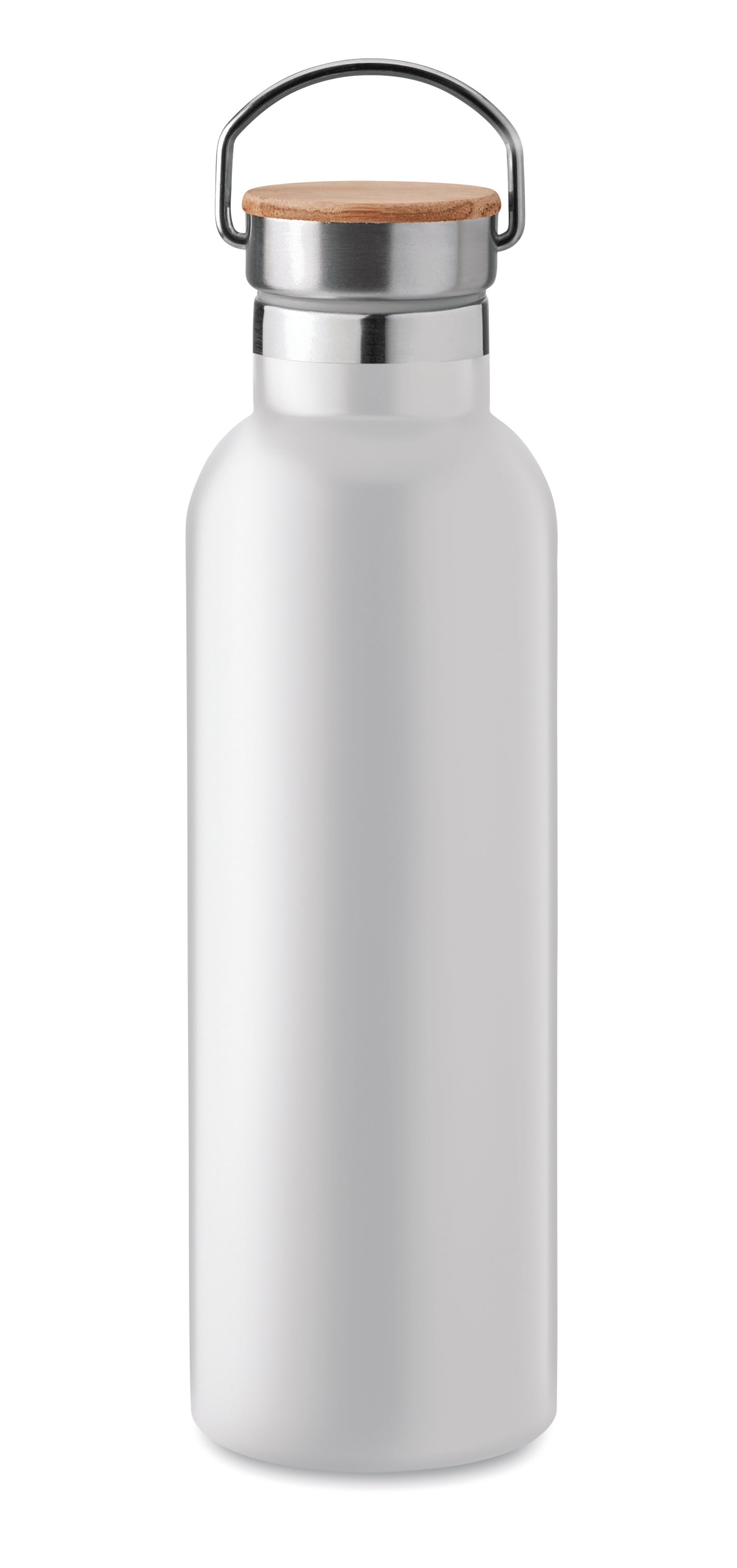 Doppelwandige Isolierflasche aus Edelstahl mit Bambusdeckel und Henkel. Füllmenge: 750 ml. Auslaufsicher.