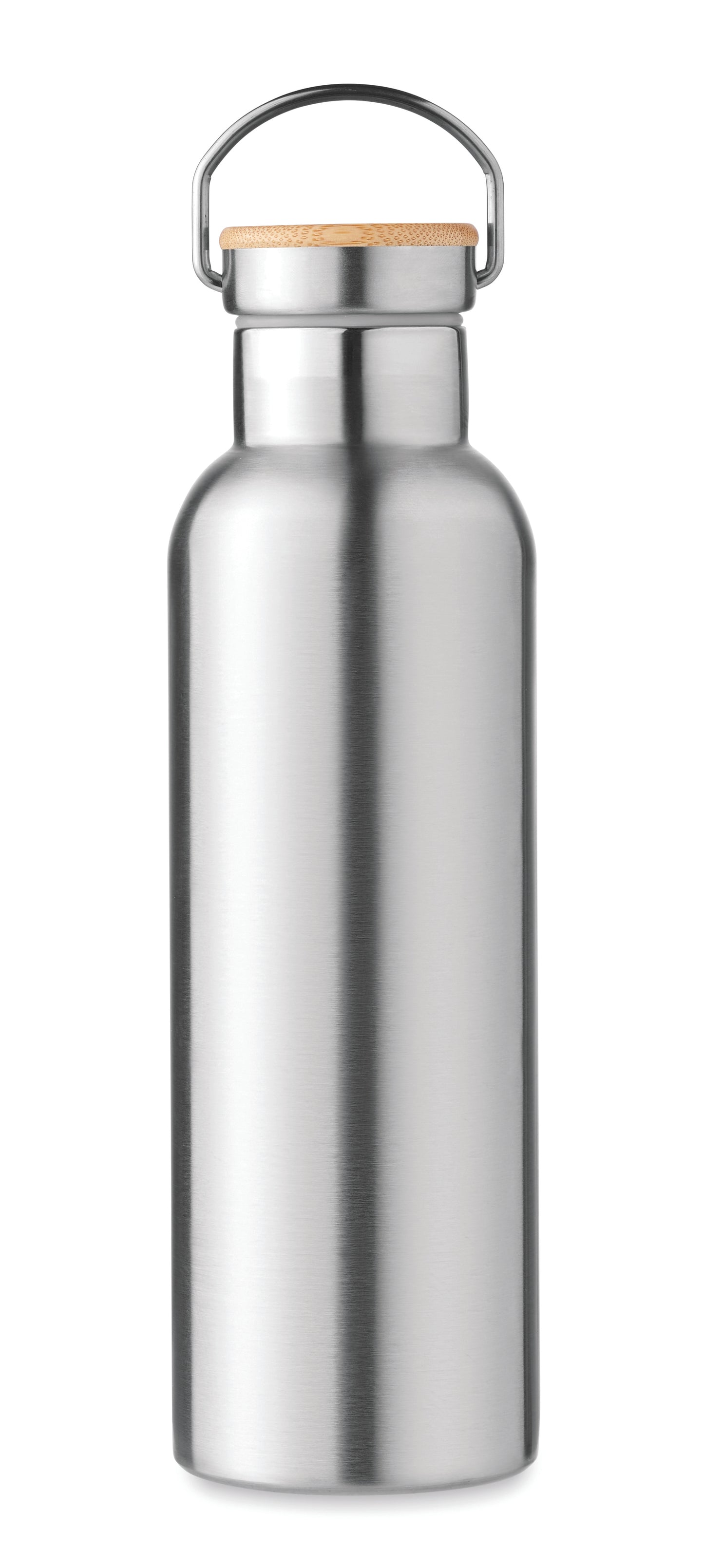Doppelwandige Isolierflasche aus Edelstahl mit Bambusdeckel und Henkel. Füllmenge: 750 ml. Auslaufsicher.