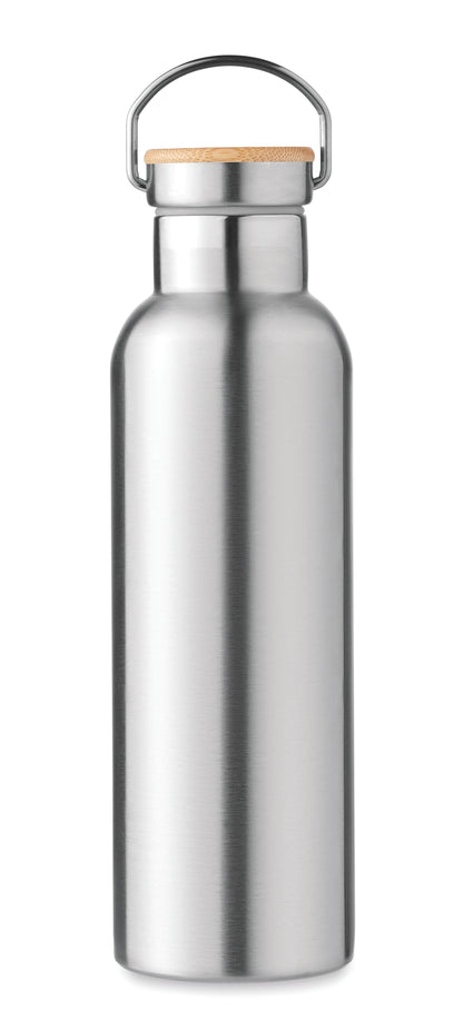 Doppelwandige Isolierflasche aus Edelstahl mit Bambusdeckel und Henkel. Füllmenge: 750 ml. Auslaufsicher.