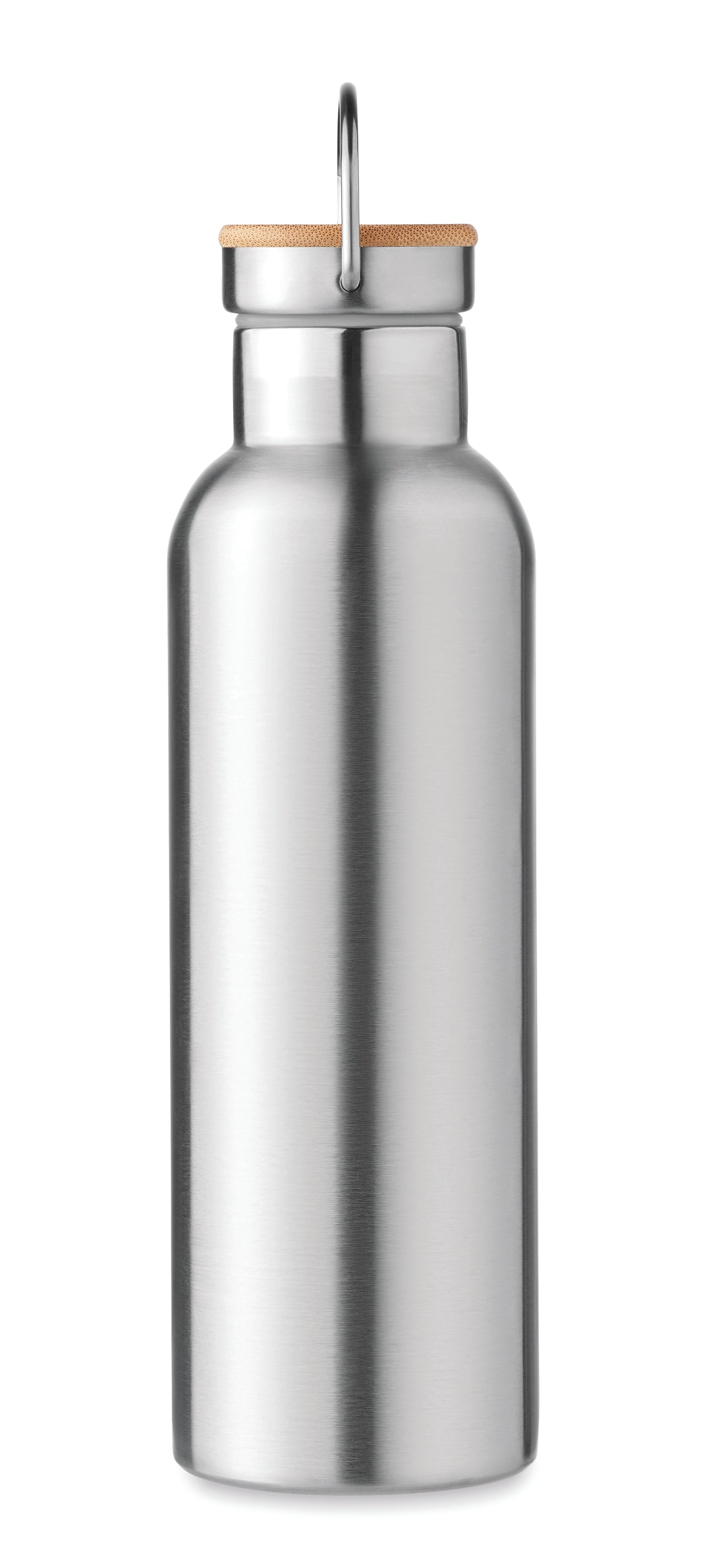 Doppelwandige Isolierflasche aus Edelstahl mit Bambusdeckel und Henkel. Füllmenge: 750 ml. Auslaufsicher.