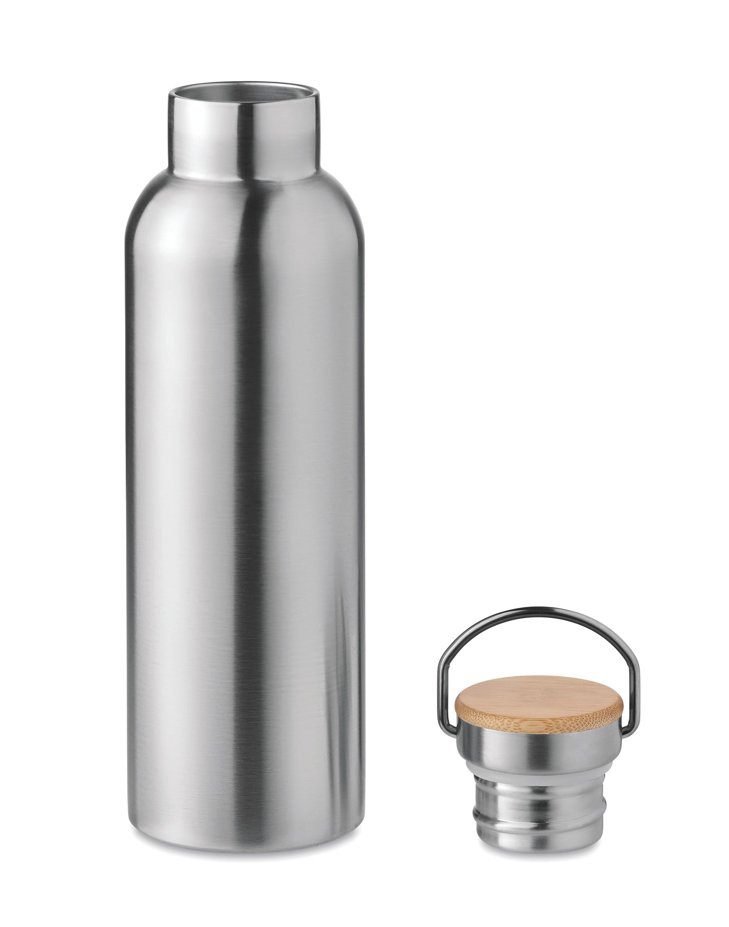 Doppelwandige Isolierflasche aus Edelstahl mit Bambusdeckel und Henkel. Füllmenge: 750 ml. Auslaufsicher.