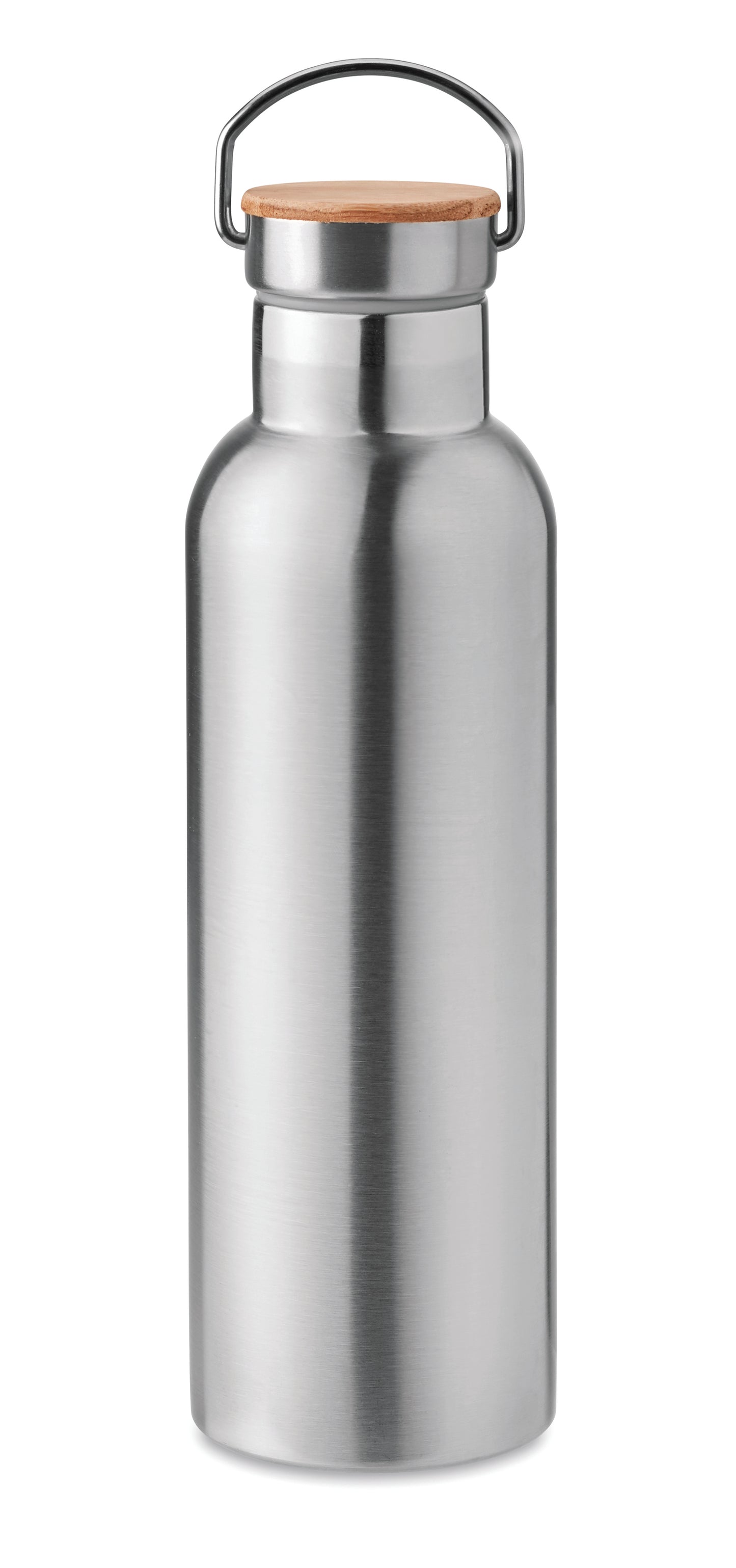 Doppelwandige Isolierflasche aus Edelstahl mit Bambusdeckel und Henkel. Füllmenge: 750 ml. Auslaufsicher.