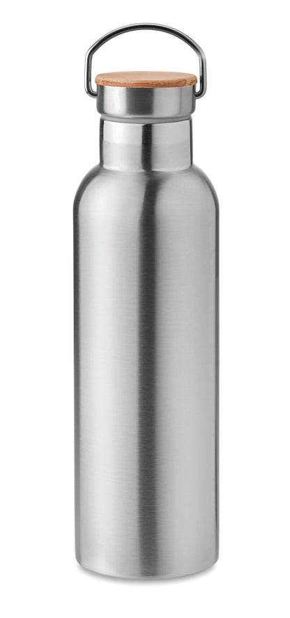 Doppelwandige Isolierflasche aus Edelstahl mit Bambusdeckel und Henkel. Füllmenge: 750 ml. Auslaufsicher.