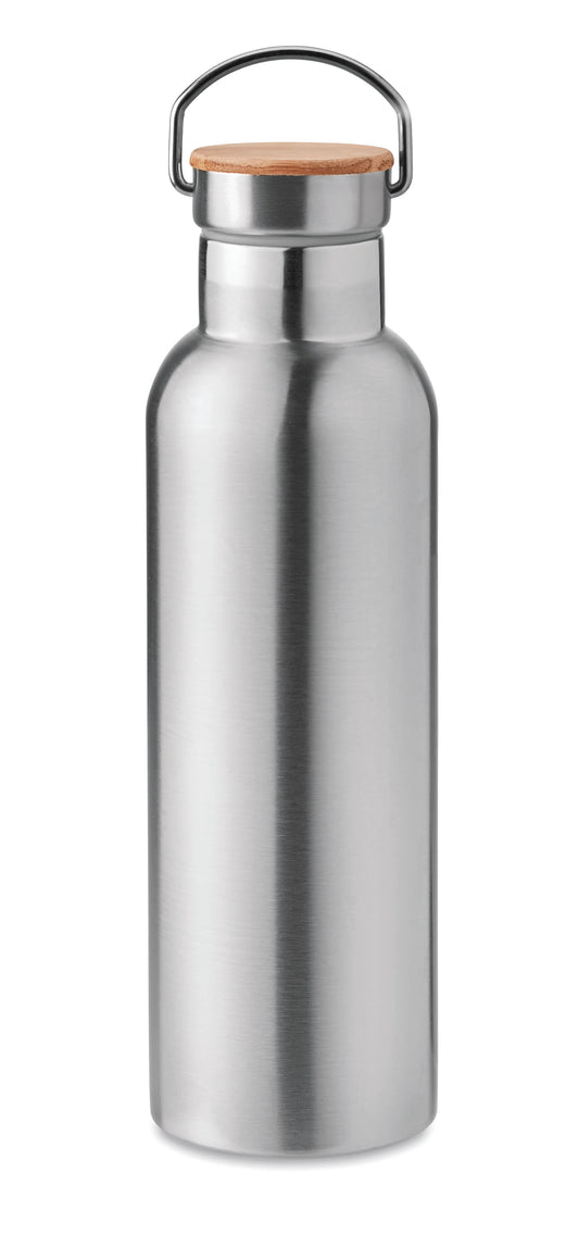 Doppelwandige Isolierflasche aus Edelstahl mit Bambusdeckel und Henkel. Füllmenge: 750 ml. Auslaufsicher.