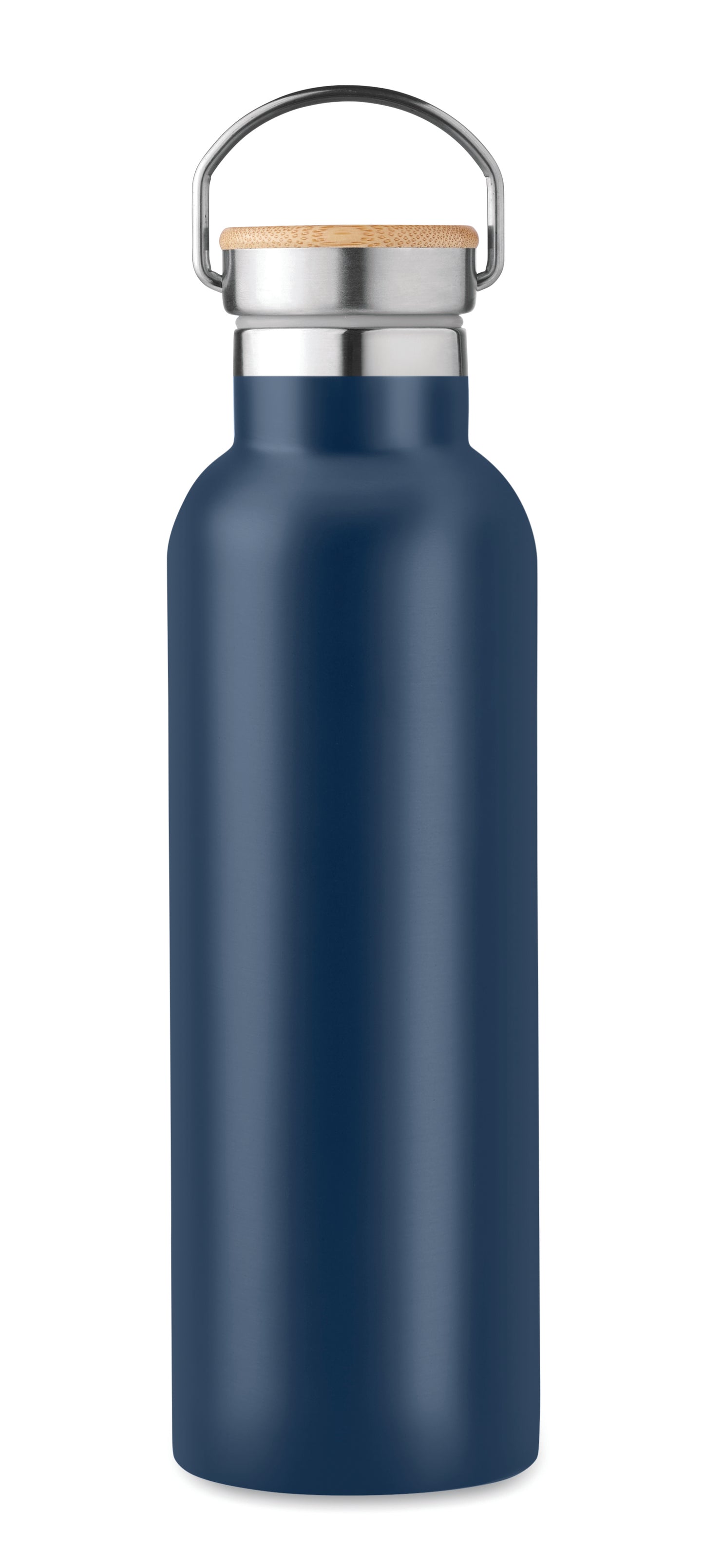 Doppelwandige Isolierflasche aus Edelstahl mit Bambusdeckel und Henkel. Füllmenge: 750 ml. Auslaufsicher.