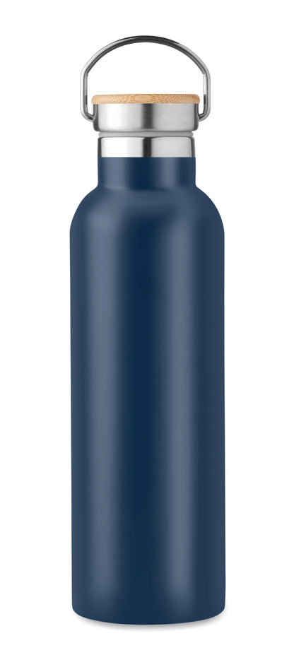 Doppelwandige Isolierflasche aus Edelstahl mit Bambusdeckel und Henkel. Füllmenge: 750 ml. Auslaufsicher.