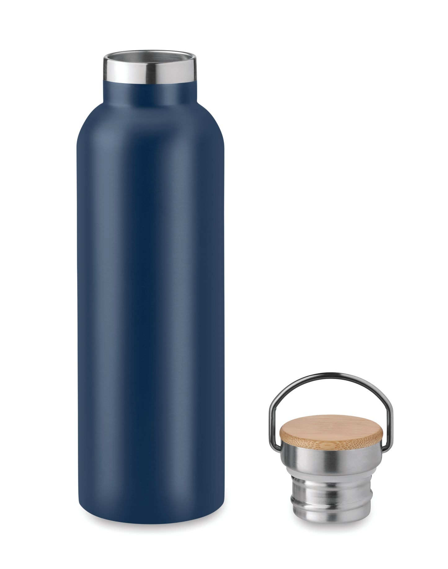 Doppelwandige Isolierflasche aus Edelstahl mit Bambusdeckel und Henkel. Füllmenge: 750 ml. Auslaufsicher.