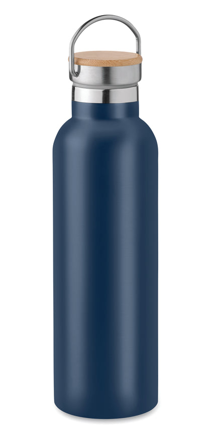 Doppelwandige Isolierflasche aus Edelstahl mit Bambusdeckel und Henkel. Füllmenge: 750 ml. Auslaufsicher.