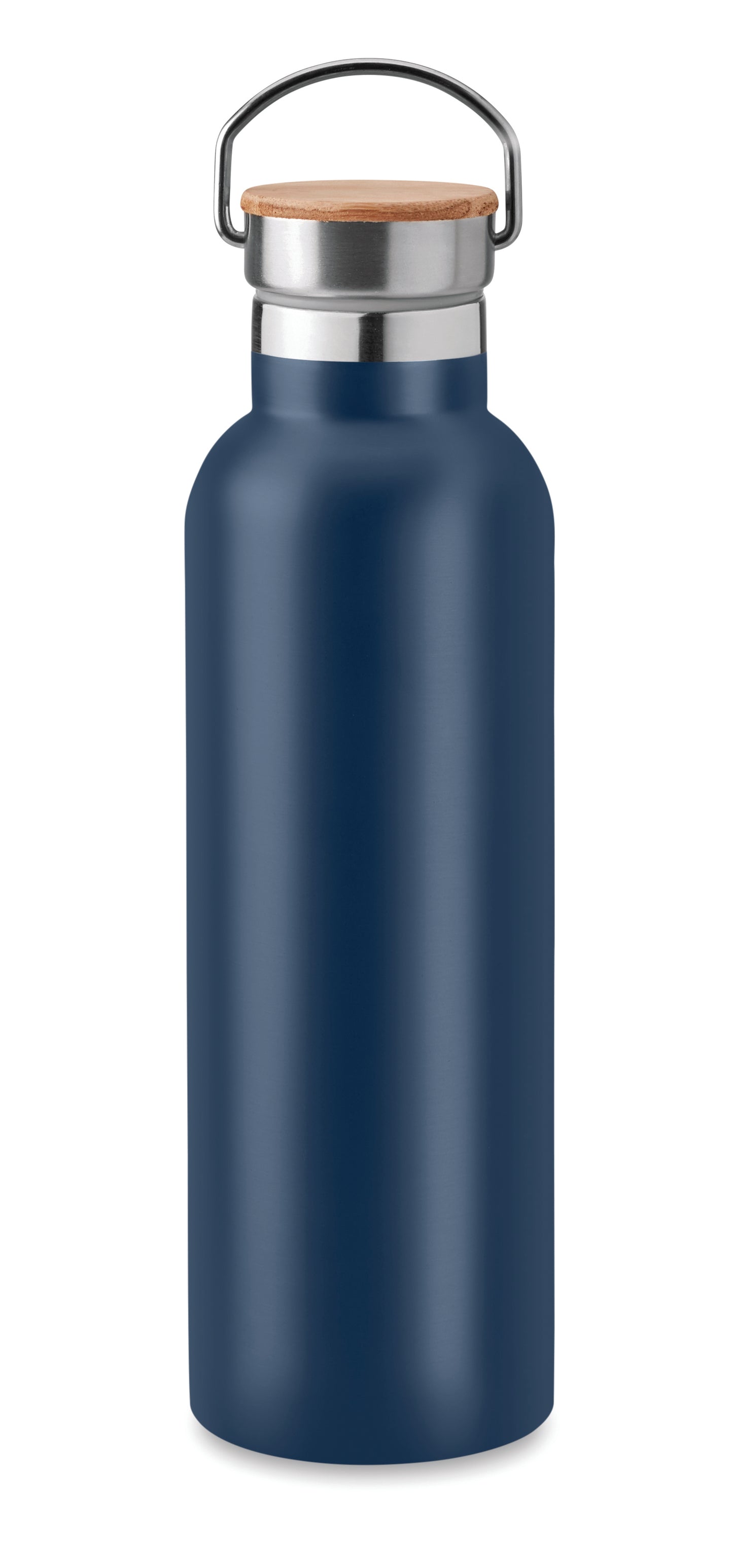 Doppelwandige Isolierflasche aus Edelstahl mit Bambusdeckel und Henkel. Füllmenge: 750 ml. Auslaufsicher.