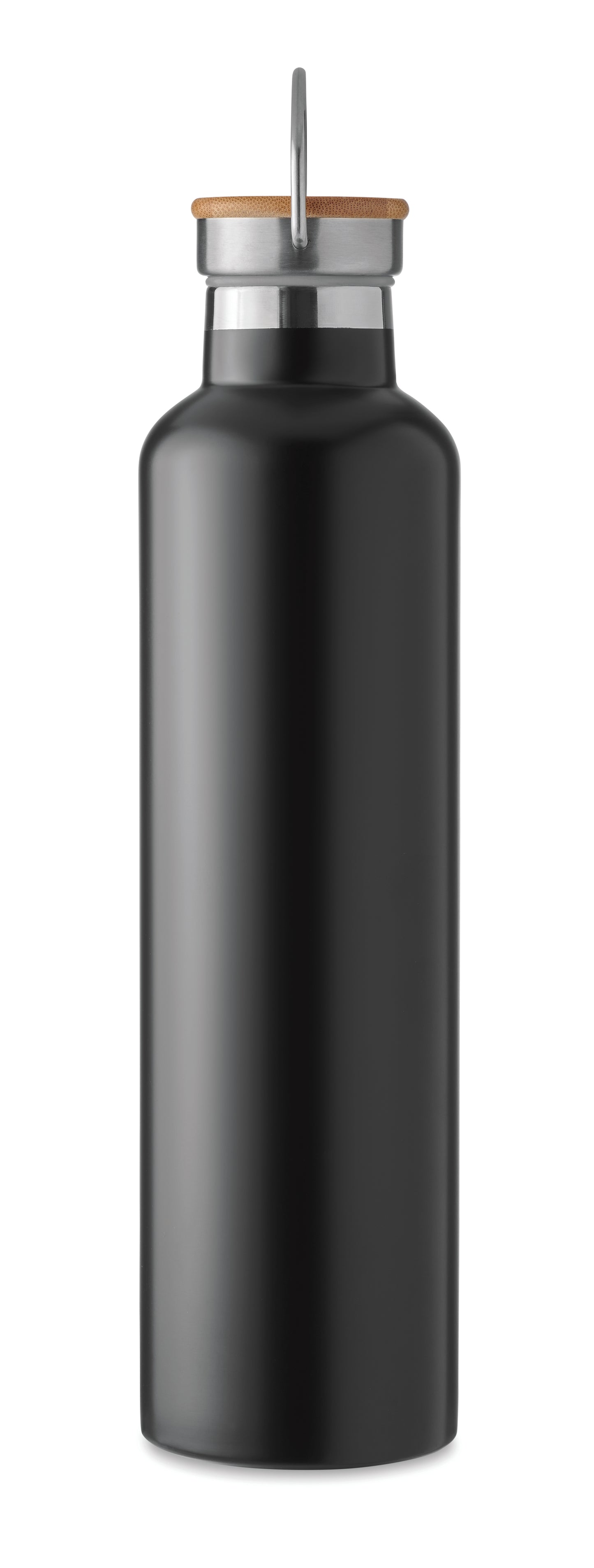 Doppelwandige Isolierflasche aus Edelstahl mit Bambusdeckel und Henkel. Füllmenge: 1000 ml. Bambus