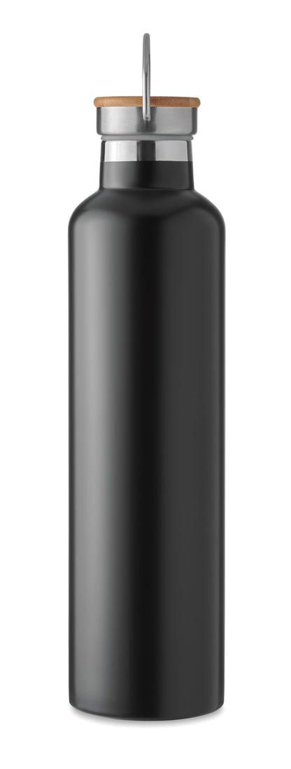 Doppelwandige Isolierflasche aus Edelstahl mit Bambusdeckel und Henkel. Füllmenge: 1000 ml. Bambus