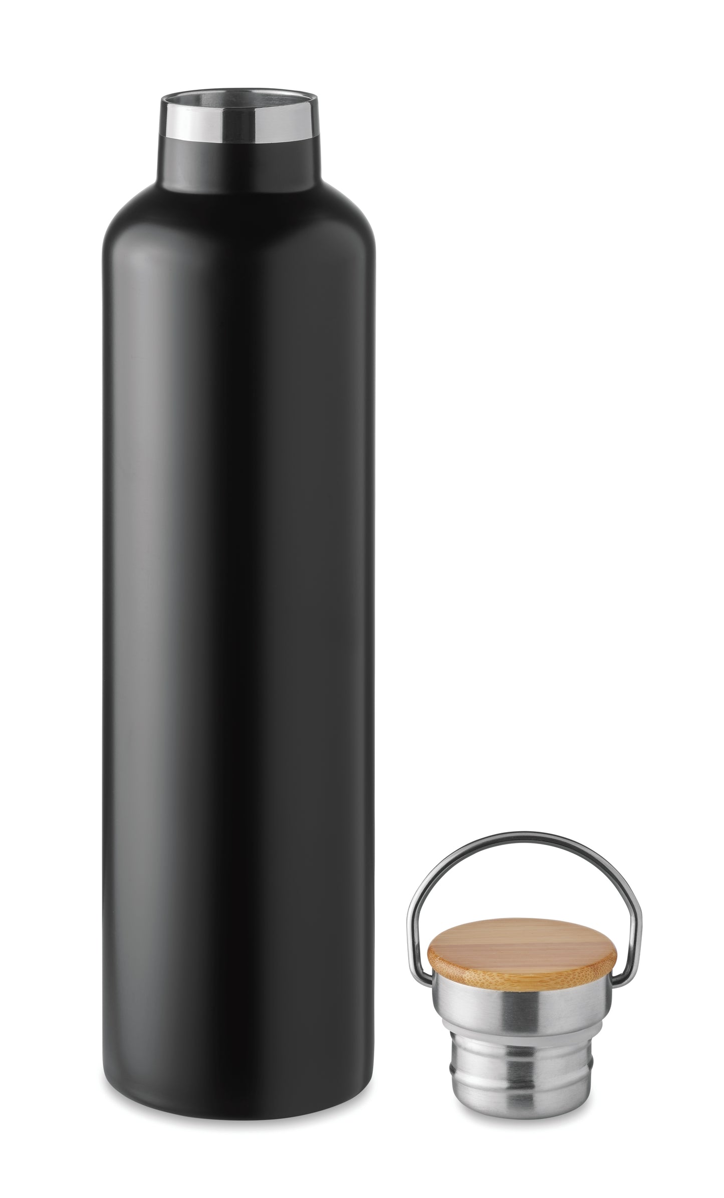 Doppelwandige Isolierflasche aus Edelstahl mit Bambusdeckel und Henkel. Füllmenge: 1000 ml. Bambus