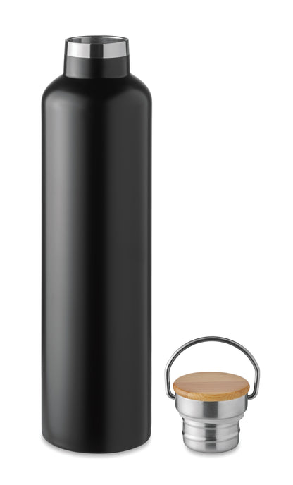 Doppelwandige Isolierflasche aus Edelstahl mit Bambusdeckel und Henkel. Füllmenge: 1000 ml. Bambus