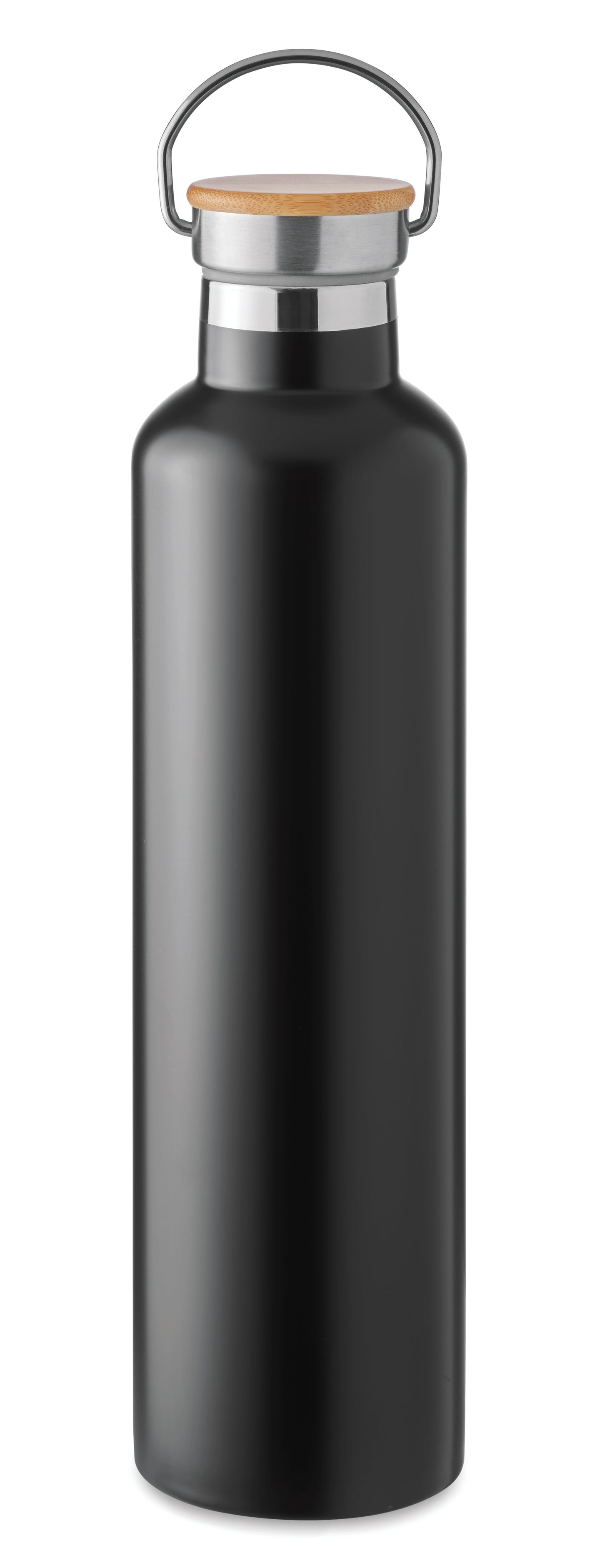 Doppelwandige Isolierflasche aus Edelstahl mit Bambusdeckel und Henkel. Füllmenge: 1000 ml. Bambus