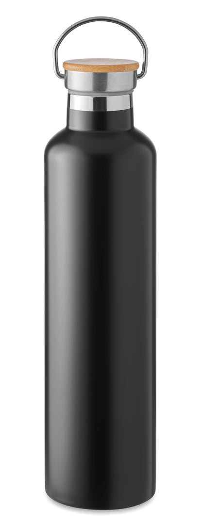 Doppelwandige Isolierflasche aus Edelstahl mit Bambusdeckel und Henkel. Füllmenge: 1000 ml. Bambus