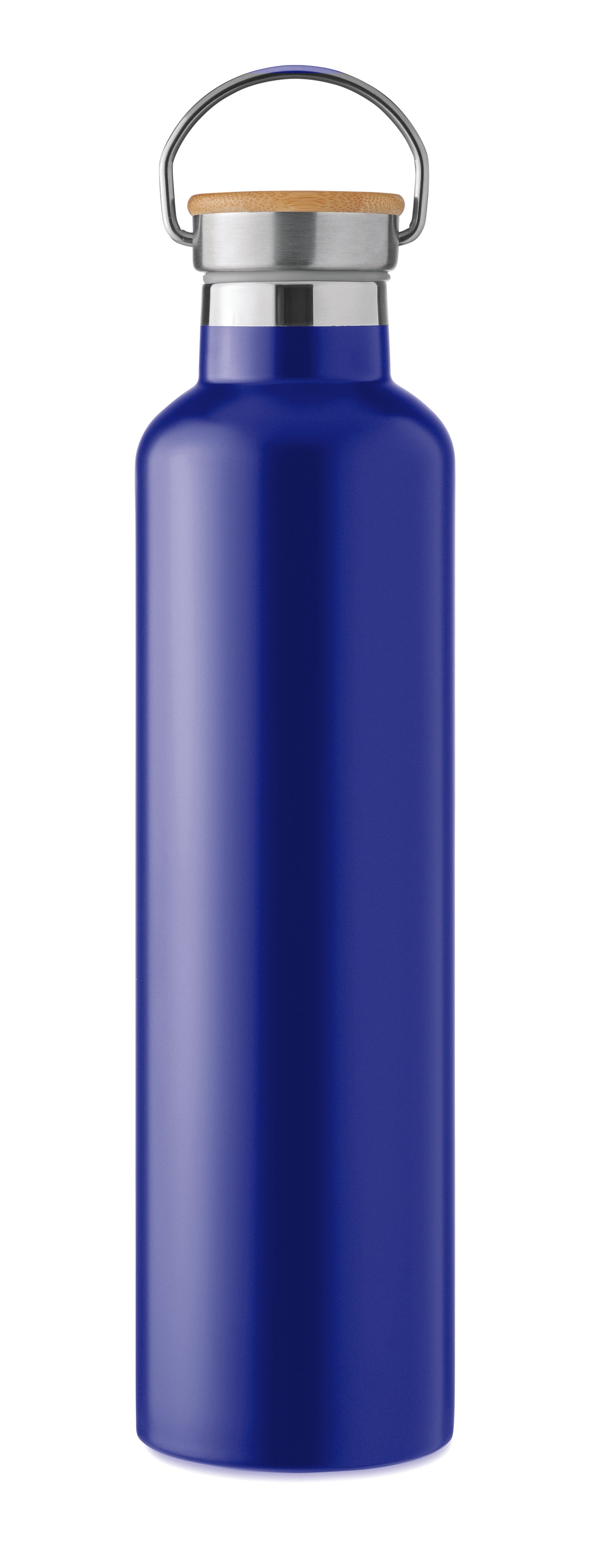 Doppelwandige Isolierflasche aus Edelstahl mit Bambusdeckel und Henkel. Füllmenge: 1000 ml. Bambus