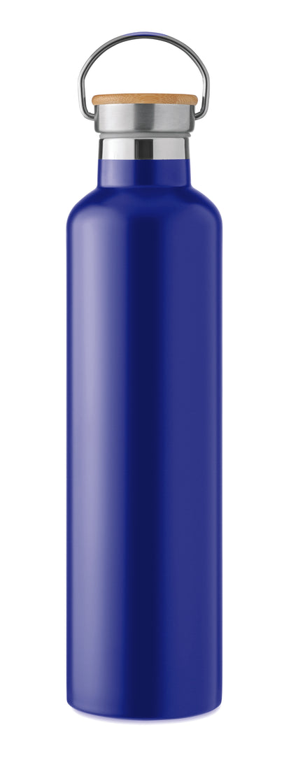 Doppelwandige Isolierflasche aus Edelstahl mit Bambusdeckel und Henkel. Füllmenge: 1000 ml. Bambus