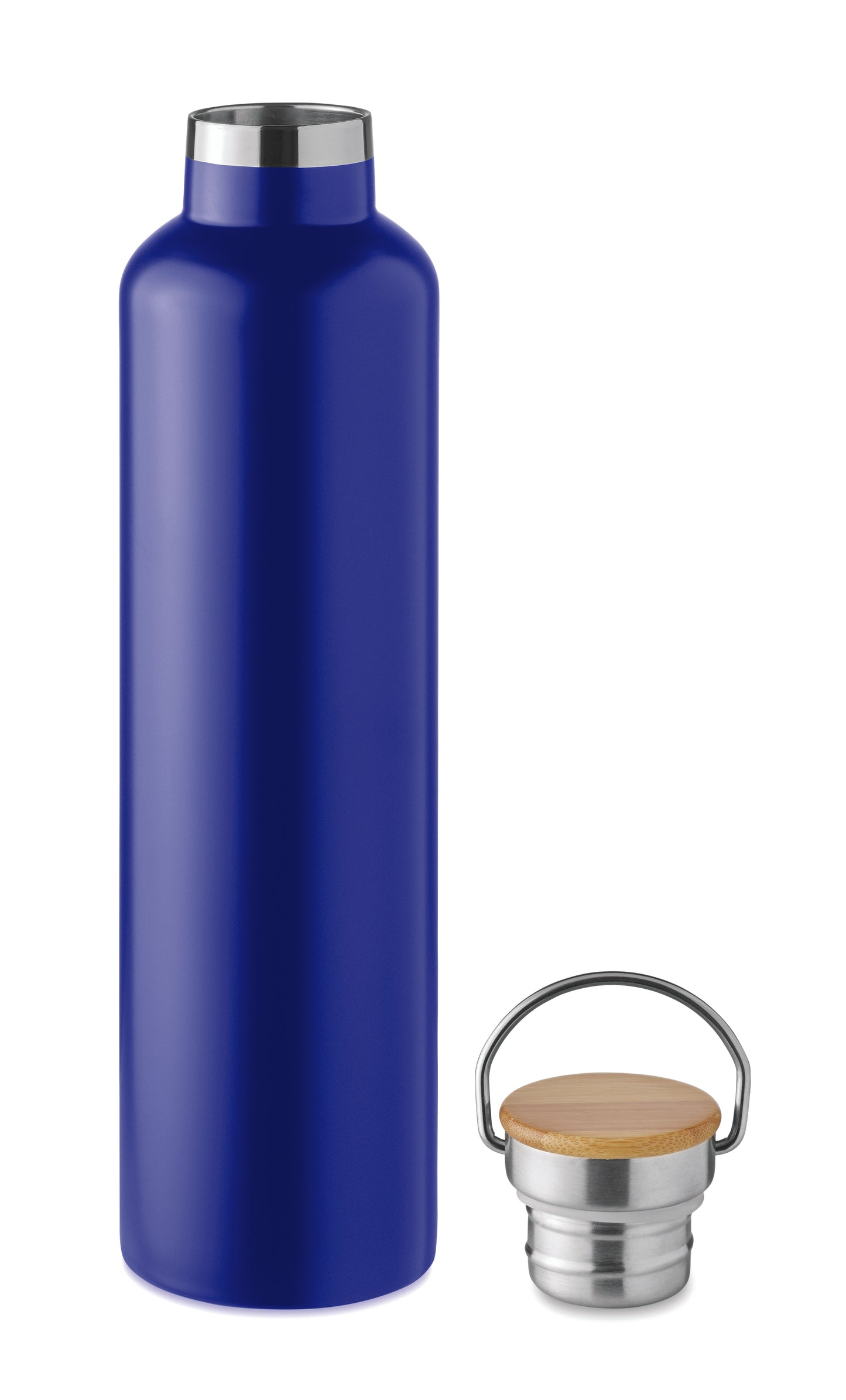 Doppelwandige Isolierflasche aus Edelstahl mit Bambusdeckel und Henkel. Füllmenge: 1000 ml. Bambus
