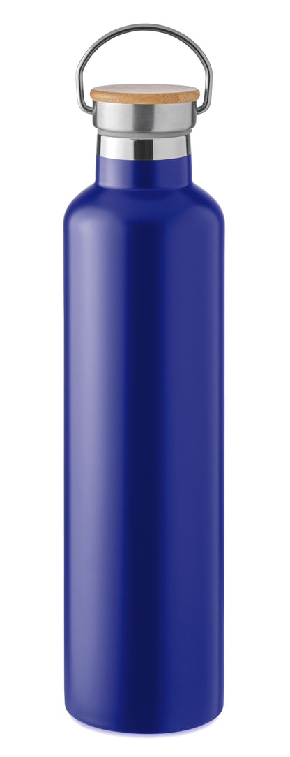 Doppelwandige Isolierflasche aus Edelstahl mit Bambusdeckel und Henkel. Füllmenge: 1000 ml. Bambus