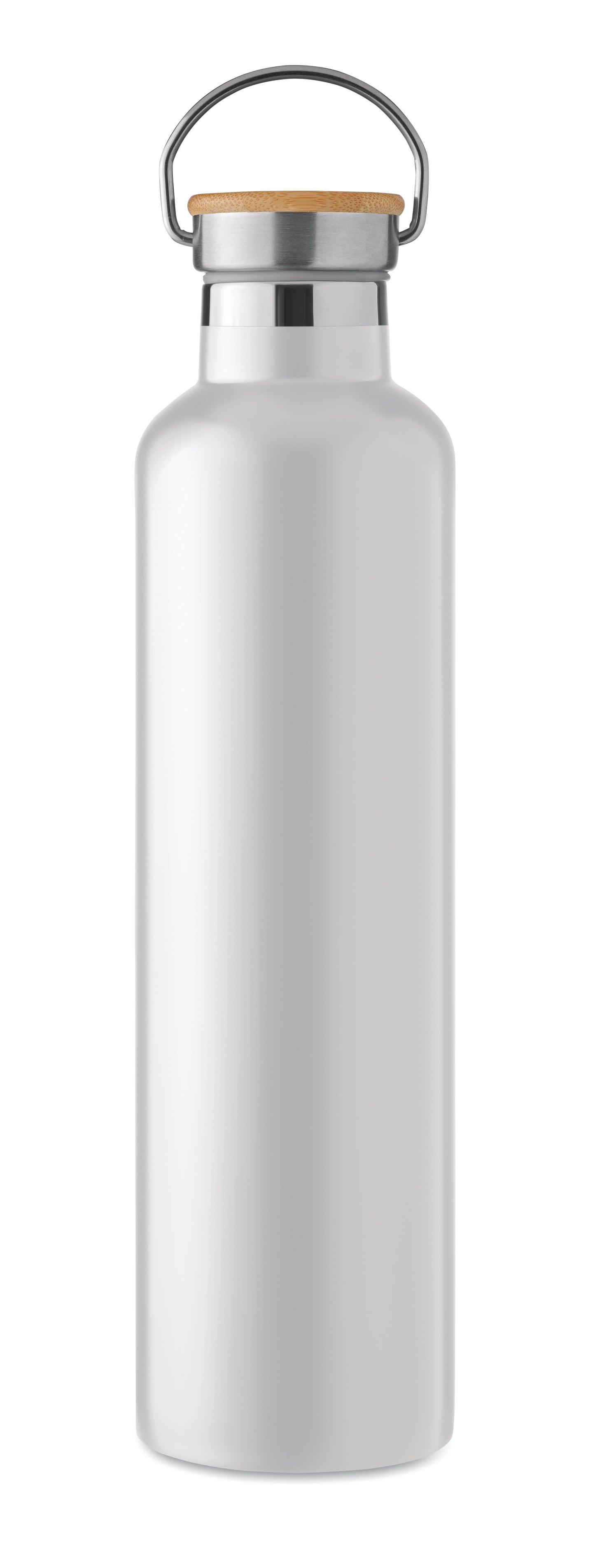 Doppelwandige Isolierflasche aus Edelstahl mit Bambusdeckel und Henkel. Füllmenge: 1000 ml. Bambus