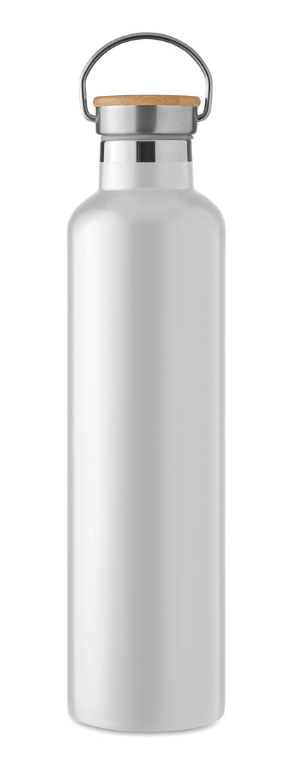 Doppelwandige Isolierflasche aus Edelstahl mit Bambusdeckel und Henkel. Füllmenge: 1000 ml. Bambus