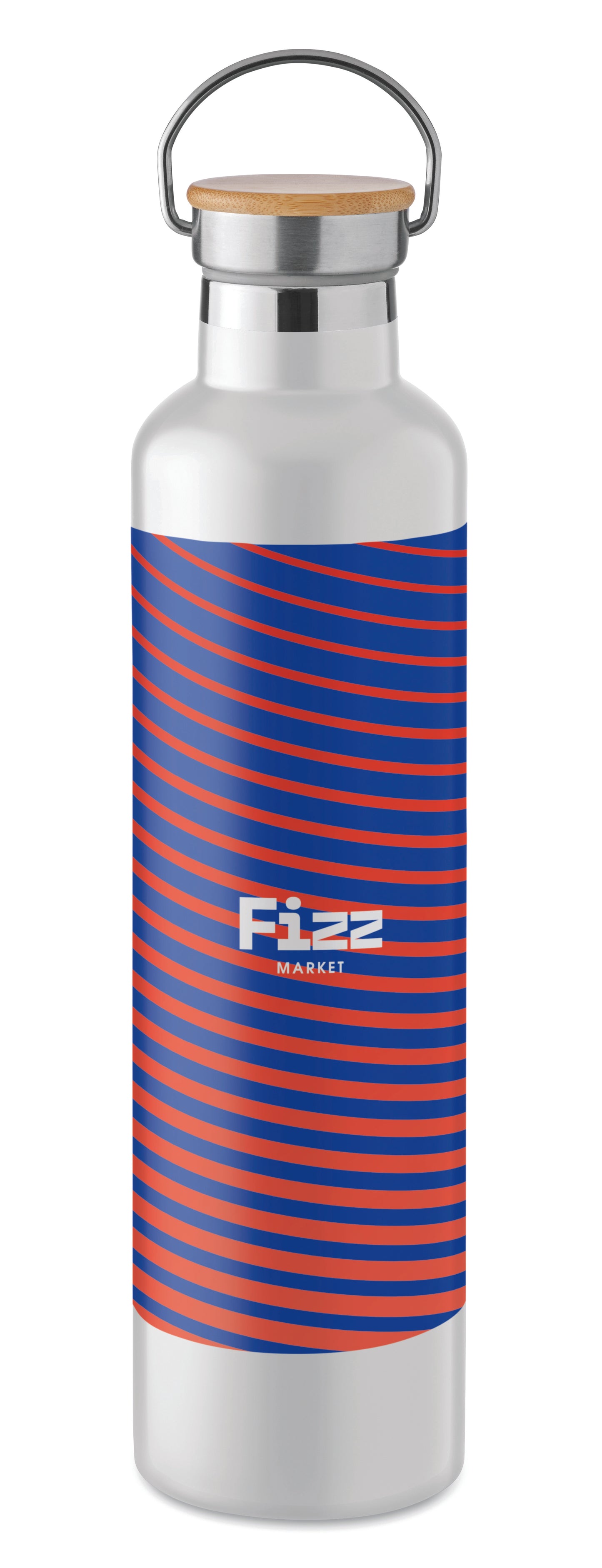 Doppelwandige Isolierflasche aus Edelstahl mit Bambusdeckel und Henkel. Füllmenge: 1000 ml. Bambus