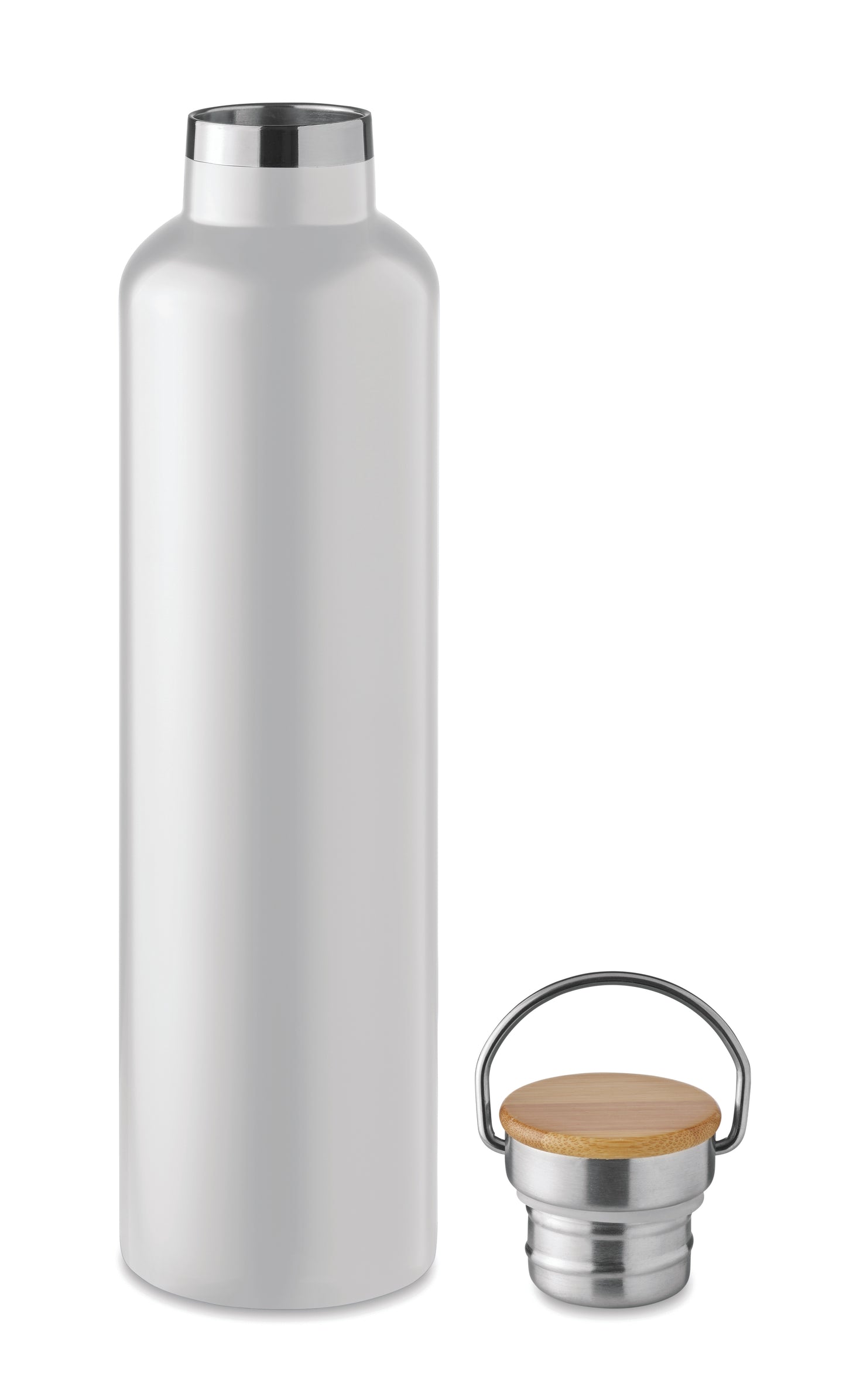 Doppelwandige Isolierflasche aus Edelstahl mit Bambusdeckel und Henkel. Füllmenge: 1000 ml. Bambus