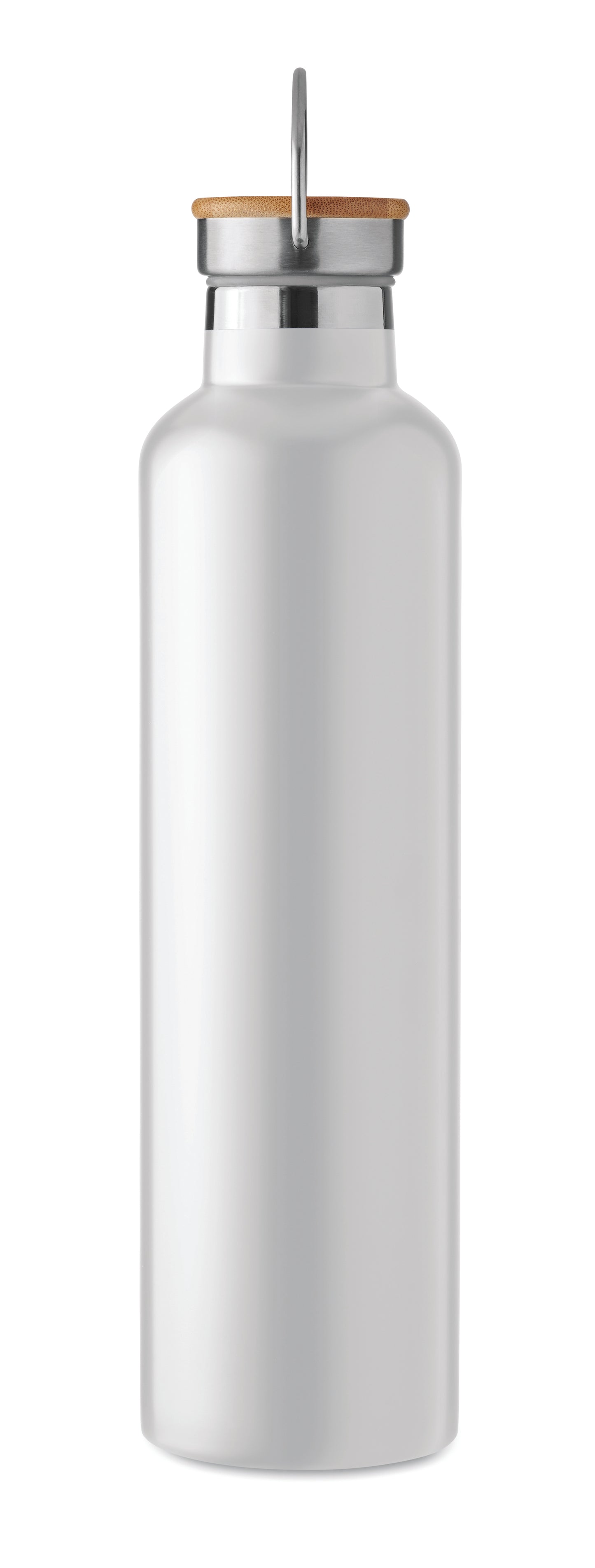 Doppelwandige Isolierflasche aus Edelstahl mit Bambusdeckel und Henkel. Füllmenge: 1000 ml. Bambus
