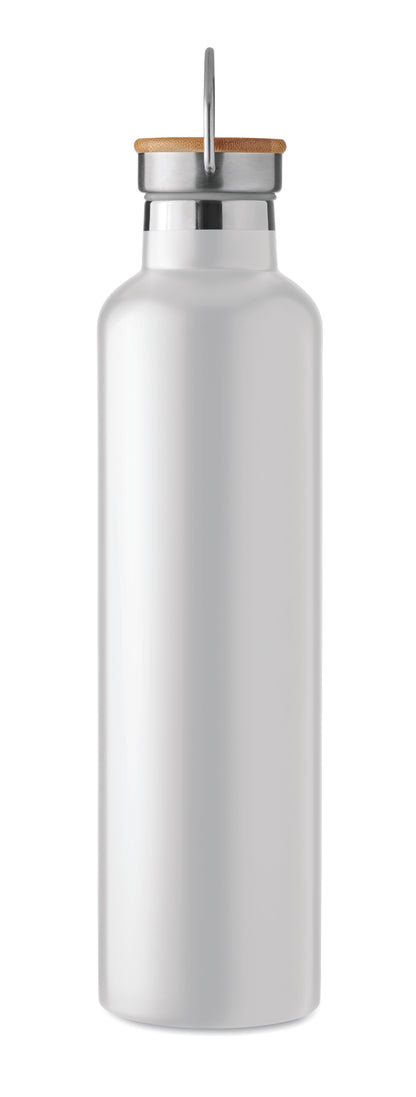 Doppelwandige Isolierflasche aus Edelstahl mit Bambusdeckel und Henkel. Füllmenge: 1000 ml. Bambus