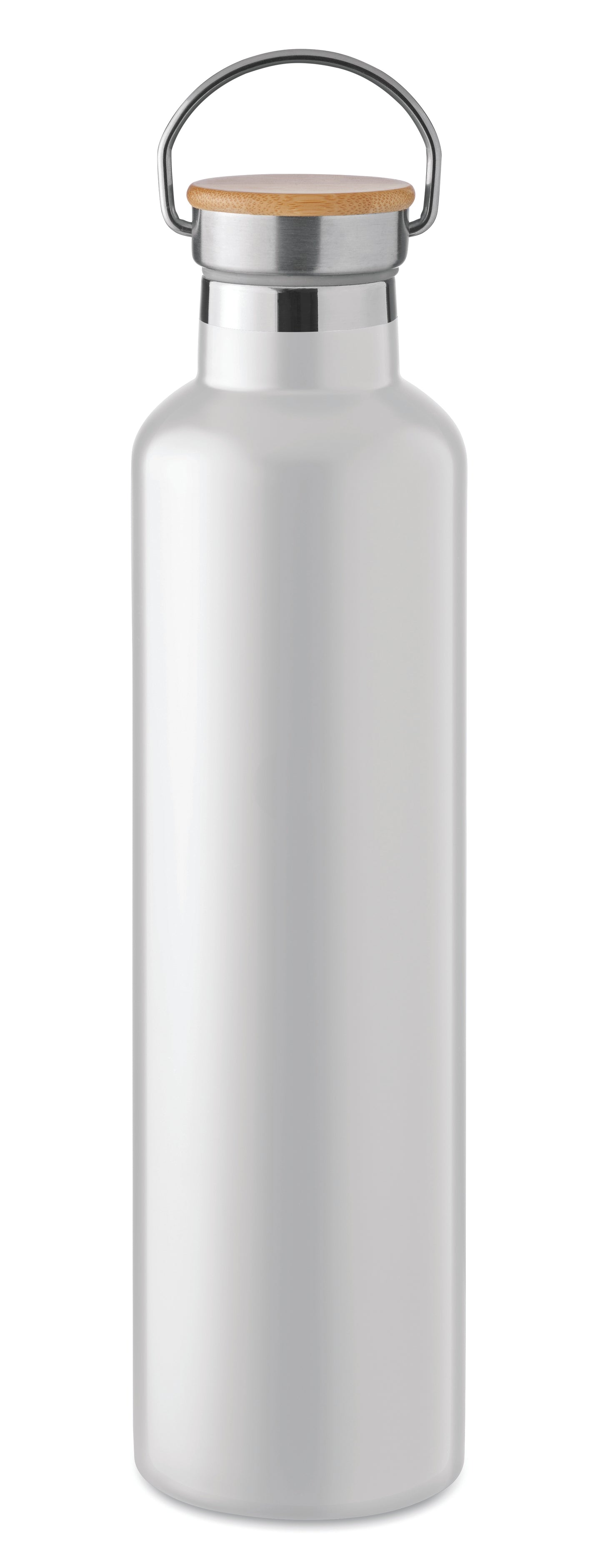 Doppelwandige Isolierflasche aus Edelstahl mit Bambusdeckel und Henkel. Füllmenge: 1000 ml. Bambus