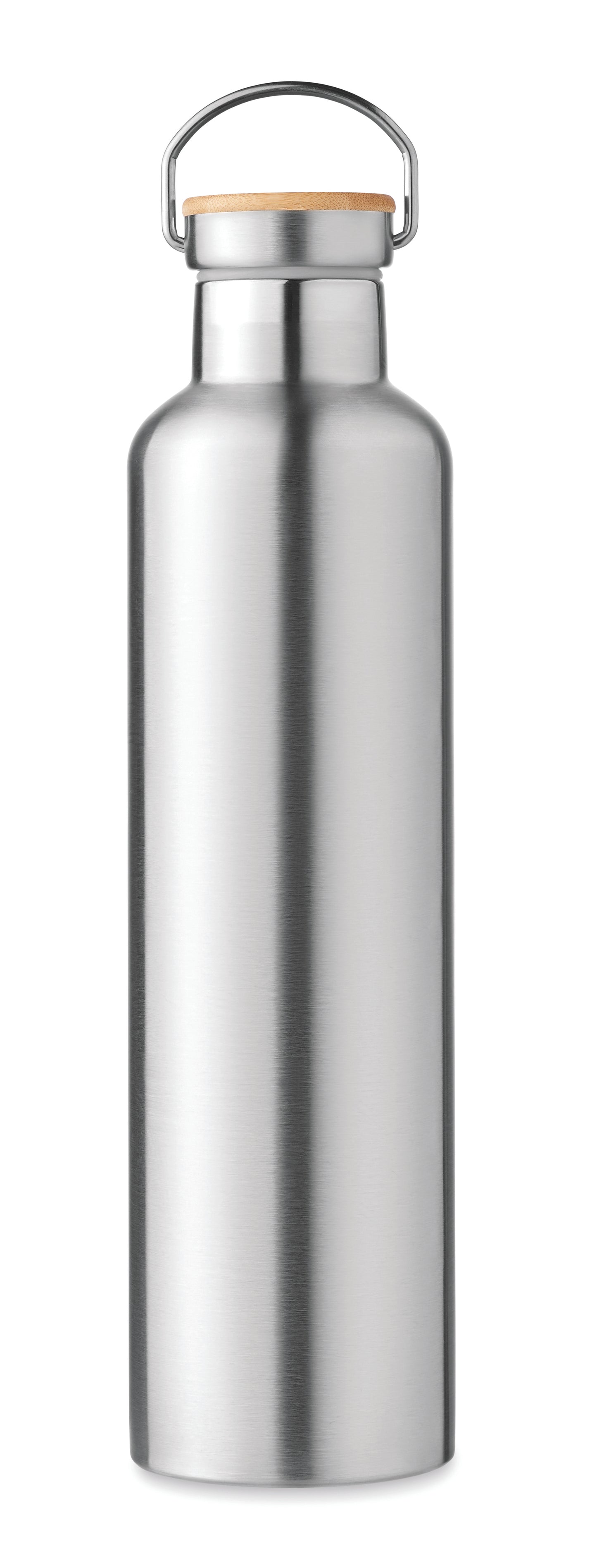 Doppelwandige Isolierflasche aus Edelstahl mit Bambusdeckel und Henkel. Füllmenge: 1000 ml. Bambus