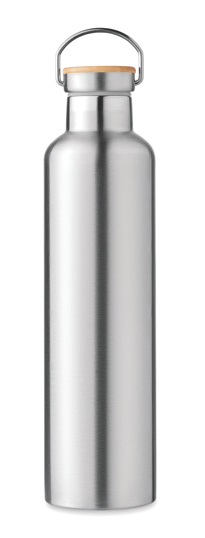 Doppelwandige Isolierflasche aus Edelstahl mit Bambusdeckel und Henkel. Füllmenge: 1000 ml. Bambus