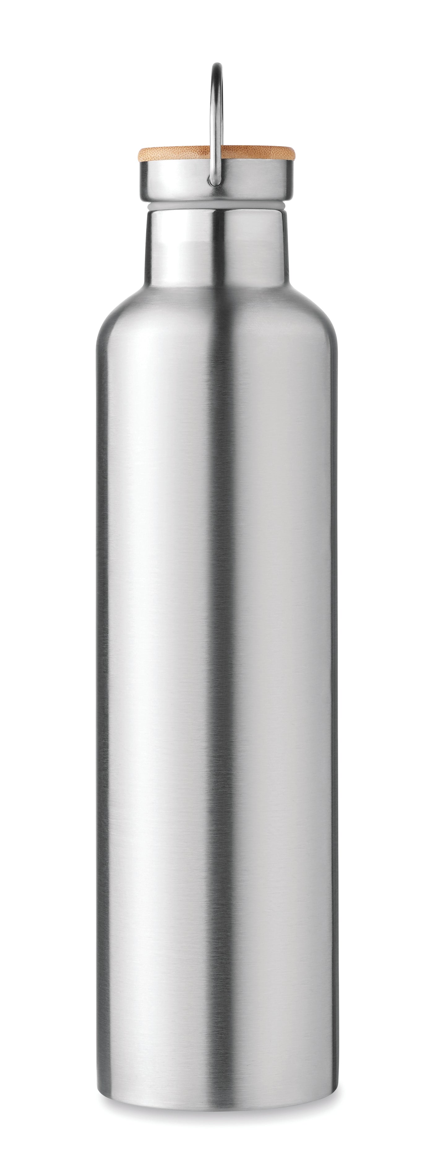 Doppelwandige Isolierflasche aus Edelstahl mit Bambusdeckel und Henkel. Füllmenge: 1000 ml. Bambus