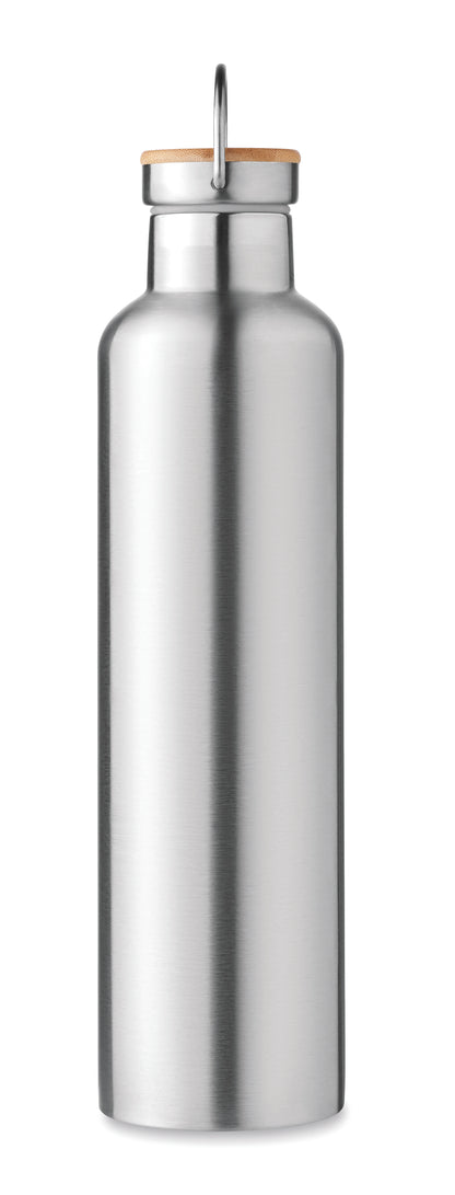 Doppelwandige Isolierflasche aus Edelstahl mit Bambusdeckel und Henkel. Füllmenge: 1000 ml. Bambus