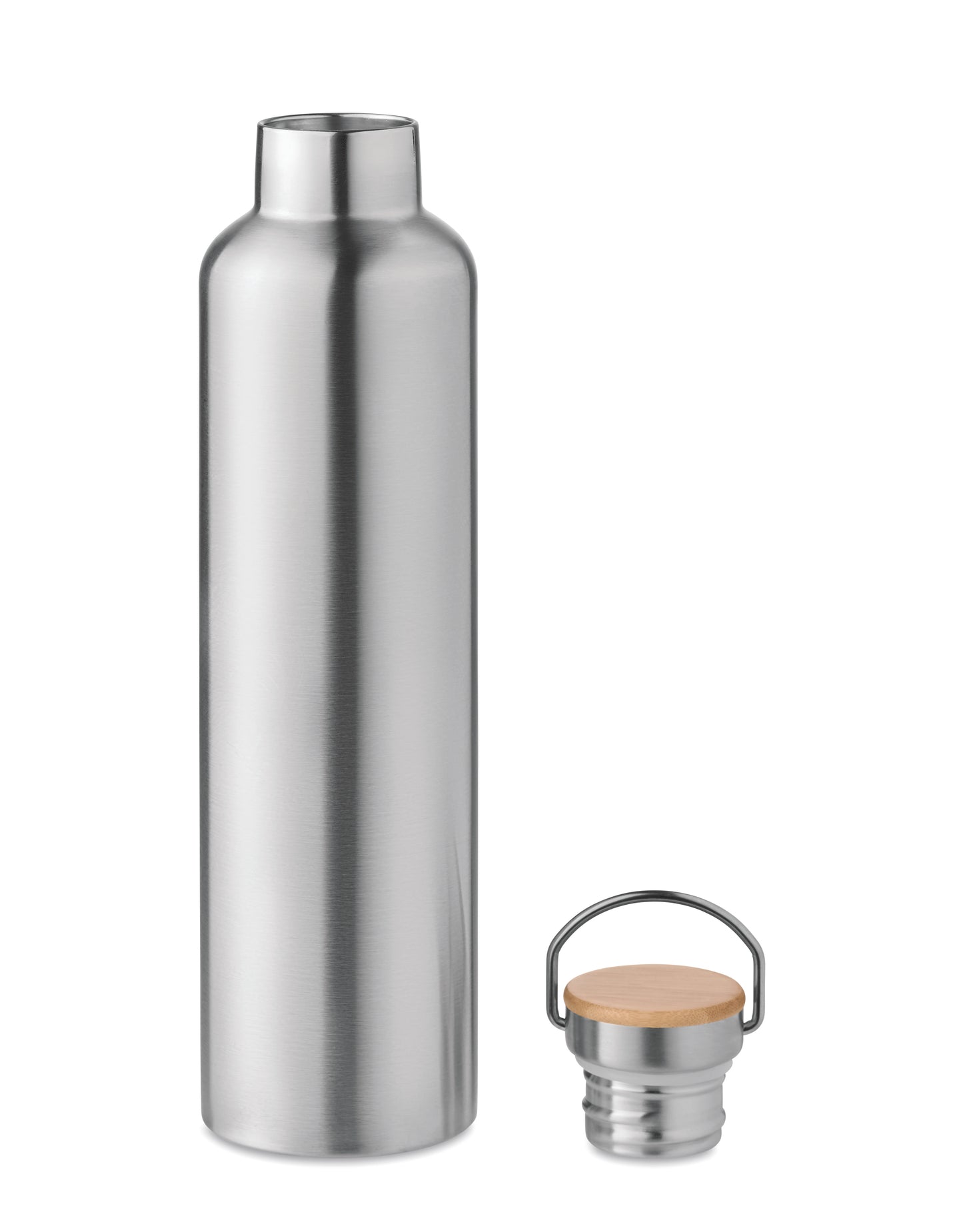 Doppelwandige Isolierflasche aus Edelstahl mit Bambusdeckel und Henkel. Füllmenge: 1000 ml. Bambus