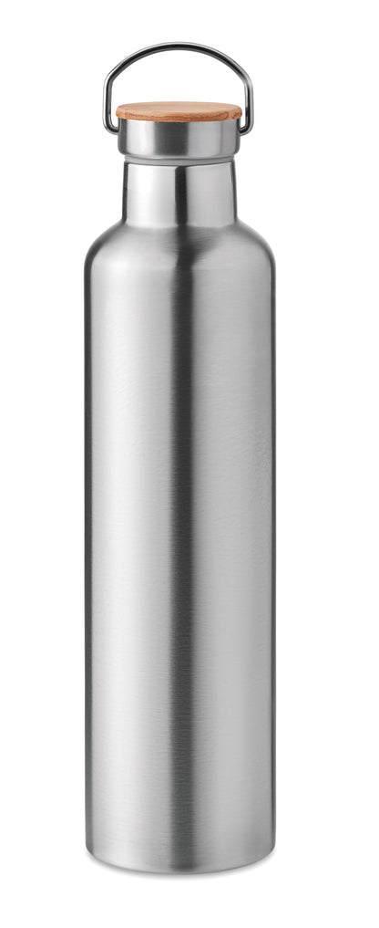 Doppelwandige Isolierflasche aus Edelstahl mit Bambusdeckel und Henkel. Füllmenge: 1000 ml. Bambus