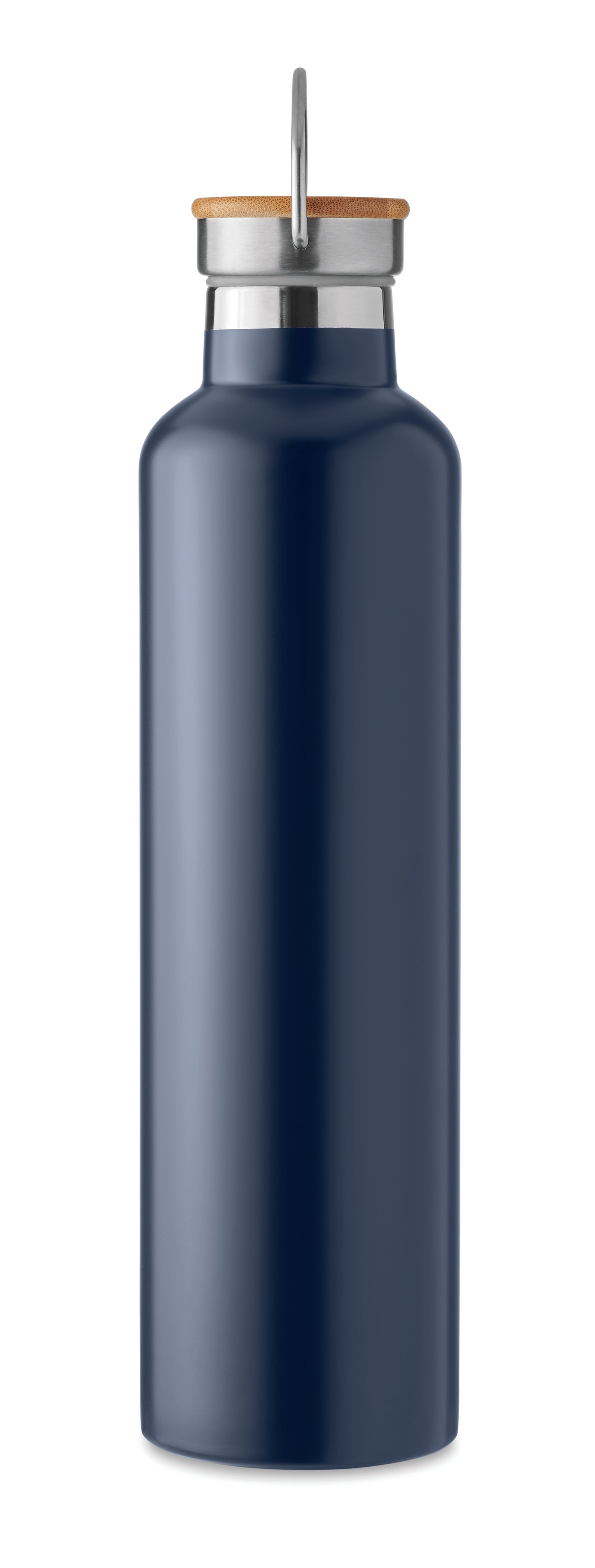 Doppelwandige Isolierflasche aus Edelstahl mit Bambusdeckel und Henkel. Füllmenge: 1000 ml. Bambus