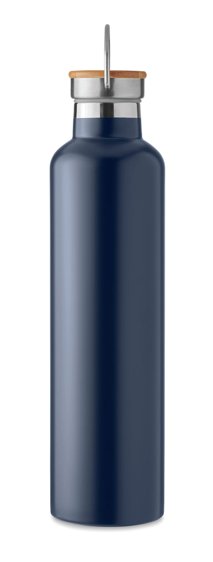 Doppelwandige Isolierflasche aus Edelstahl mit Bambusdeckel und Henkel. Füllmenge: 1000 ml. Bambus