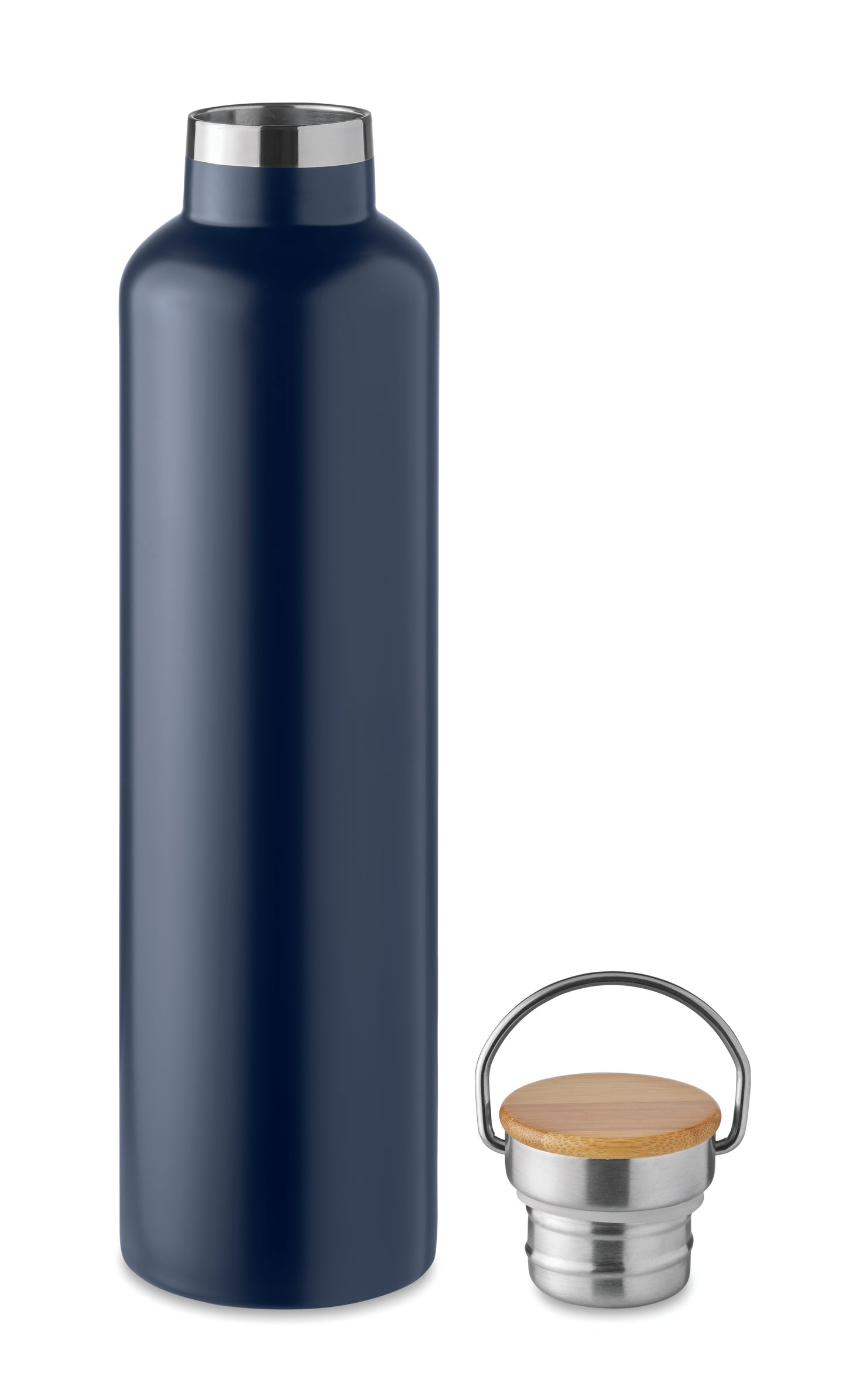 Doppelwandige Isolierflasche aus Edelstahl mit Bambusdeckel und Henkel. Füllmenge: 1000 ml. Bambus