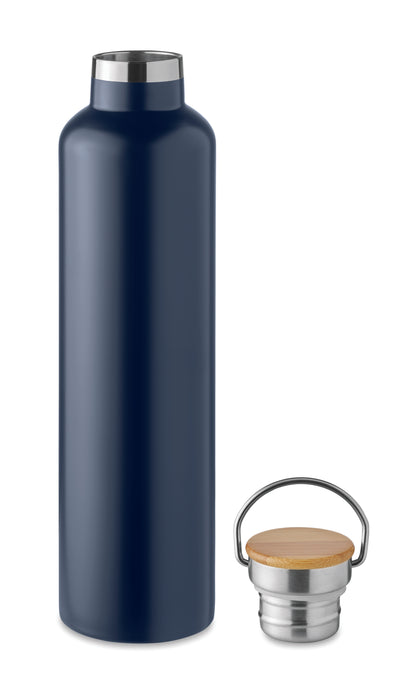Doppelwandige Isolierflasche aus Edelstahl mit Bambusdeckel und Henkel. Füllmenge: 1000 ml. Bambus