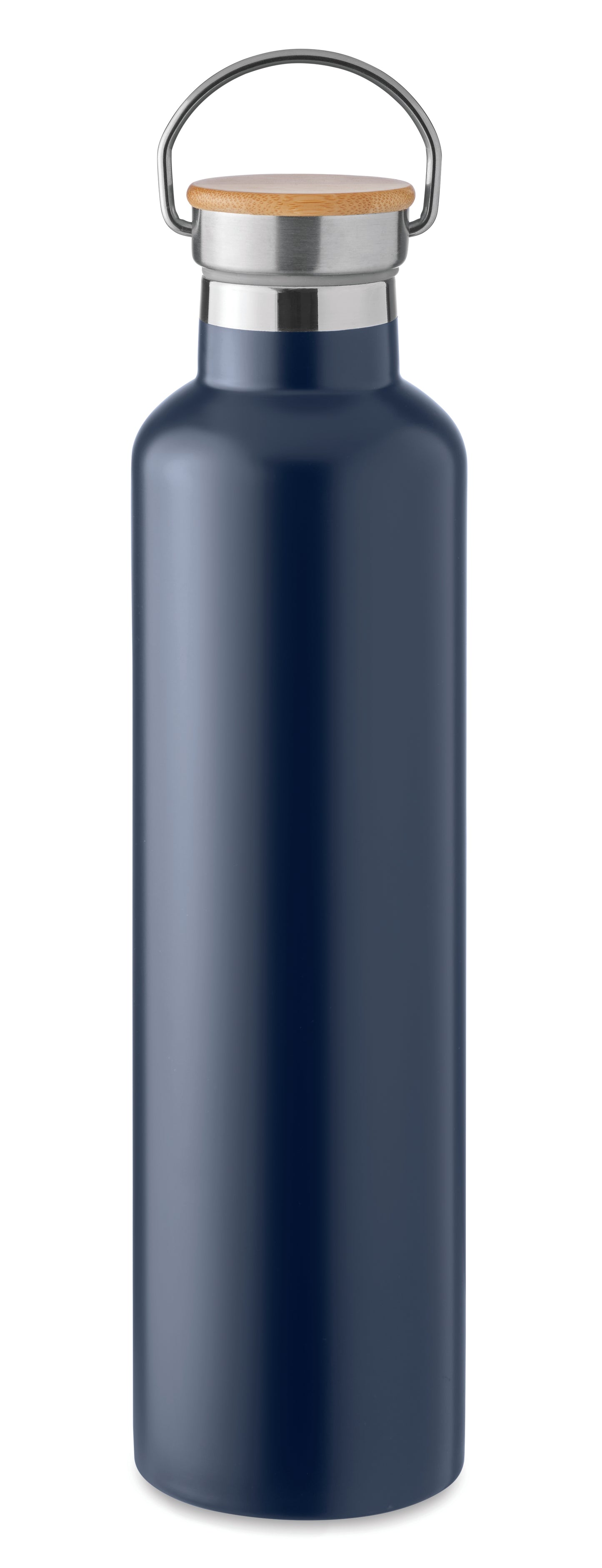 Doppelwandige Isolierflasche aus Edelstahl mit Bambusdeckel und Henkel. Füllmenge: 1000 ml. Bambus