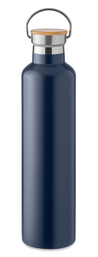 Doppelwandige Isolierflasche aus Edelstahl mit Bambusdeckel und Henkel. Füllmenge: 1000 ml. Bambus