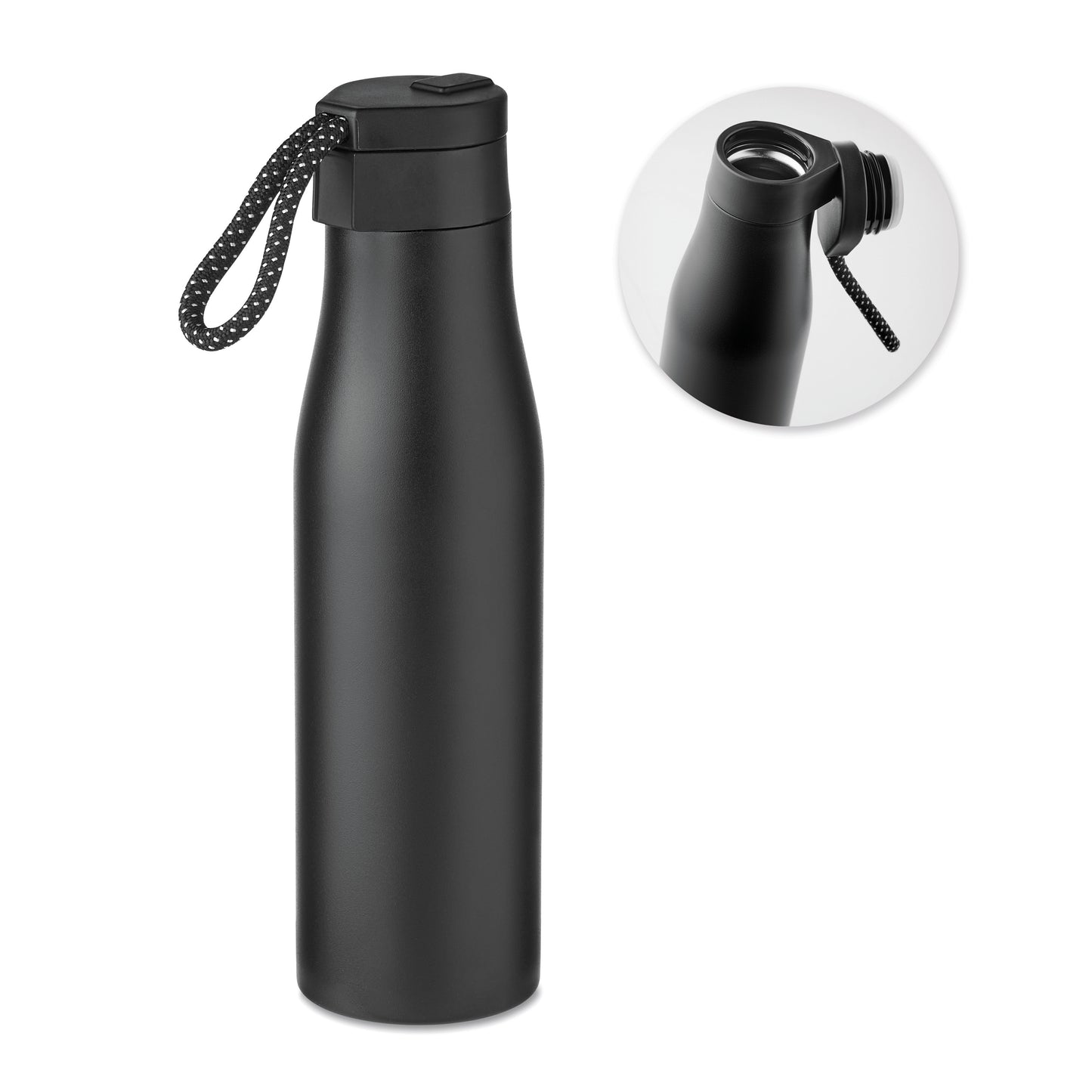 Doppelwandige Isolierflasche aus Edelstahl mit magnetischem Deckel. Füllmenge: 600 ml.