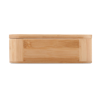 Lunchbox aus Bambus mit herausnehmbarer Trennwand. Elastisches Verschluss-Band aus Nylon. Nur für