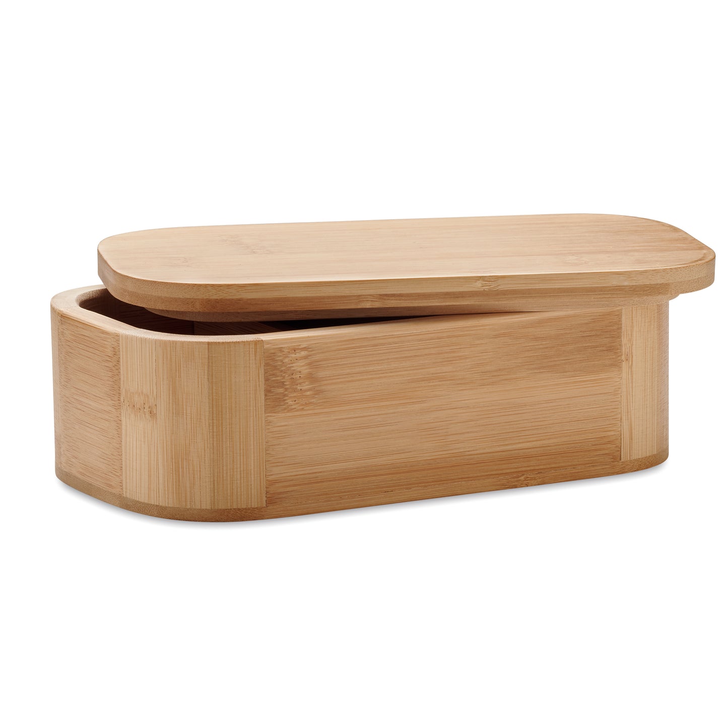 Lunchbox aus Bambus mit herausnehmbarer Trennwand. Elastisches Verschluss-Band aus Nylon. Nur für