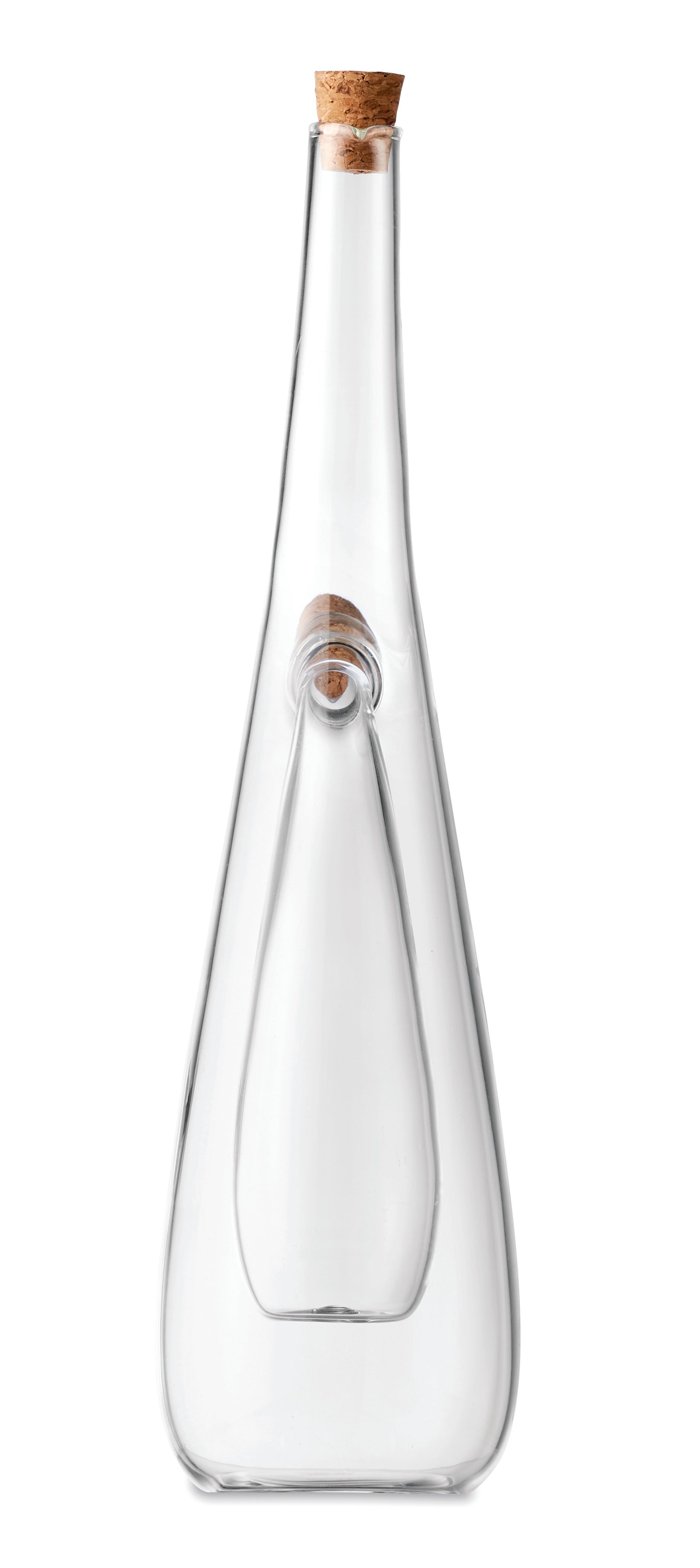 Öl- und Essigflasche aus Borosilikatglas mit 2 Kammern. Korkverschluss. Füllmenge äußere Kammer: