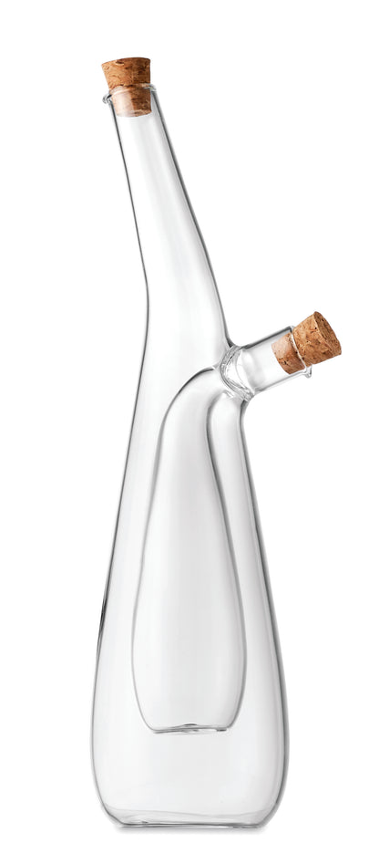 Öl- und Essigflasche aus Borosilikatglas mit 2 Kammern. Korkverschluss. Füllmenge äußere Kammer: